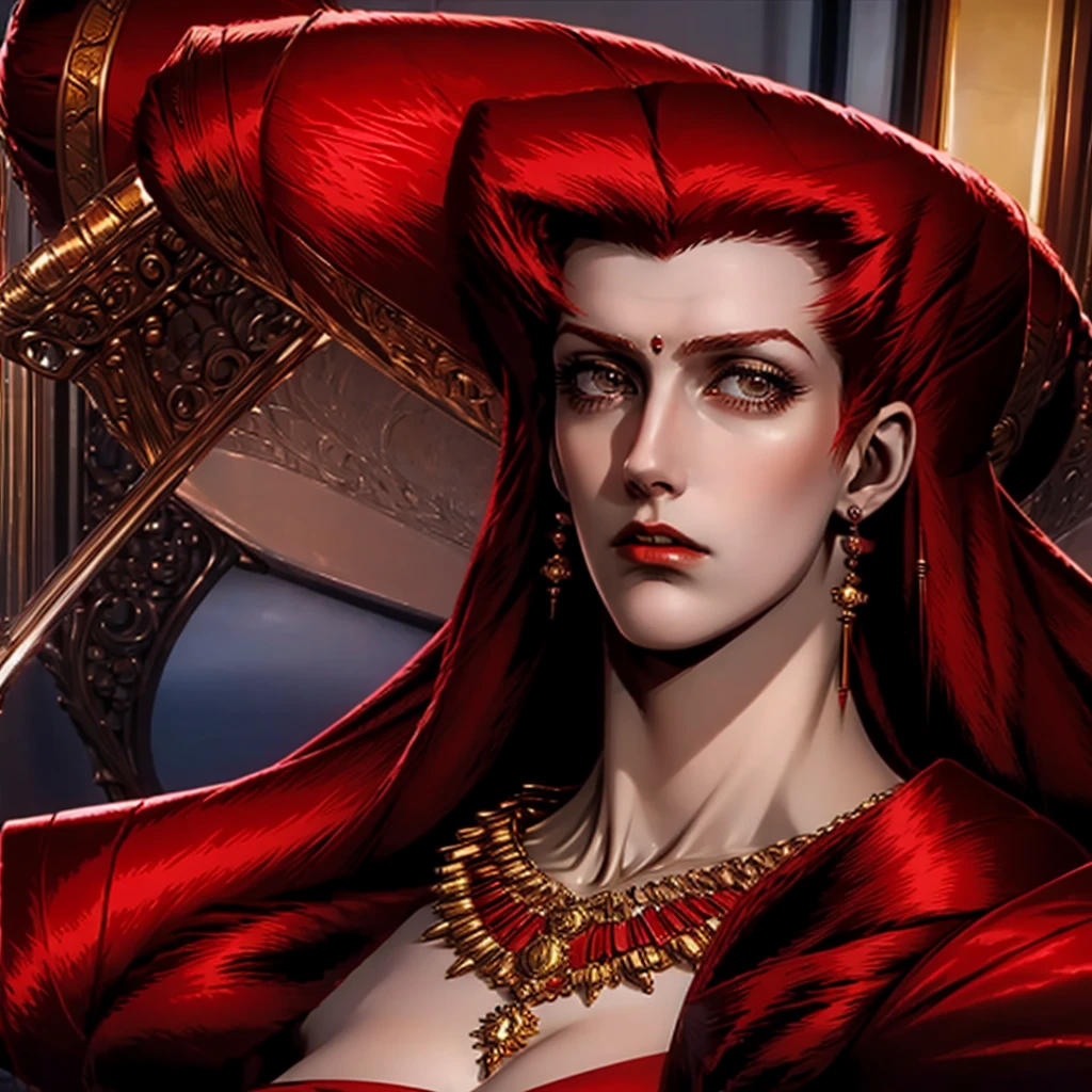 looking at her side profile,beautiful face,long slender body,necklace,long dense curls of red hair,shocked and surprised, red dress, stomach