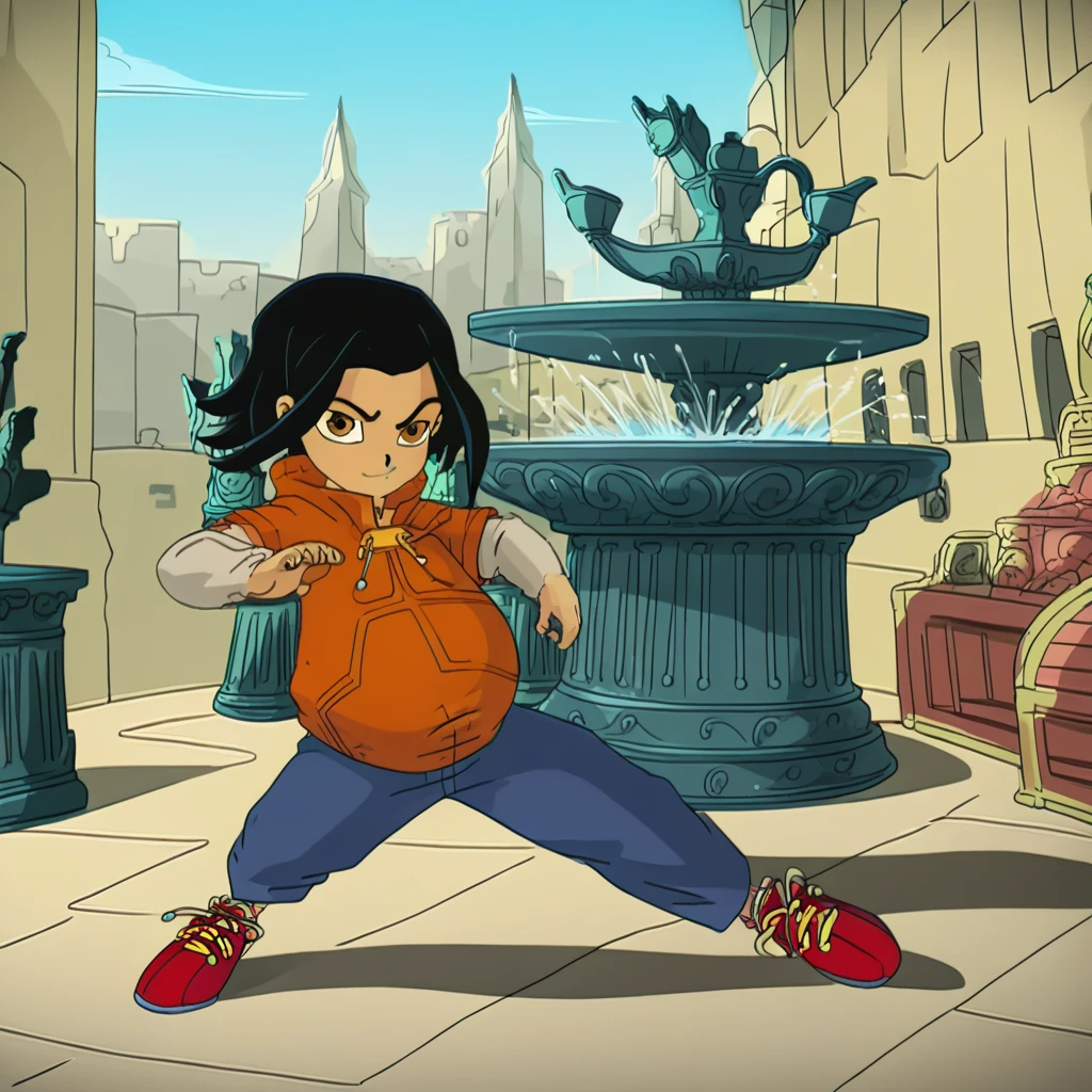 score_9, score_8_up, score_7_up, cartoon girl fighting stance, in front of fountain, , jadechan, short black hair, solo, brown eyes, wind, 1girl, orange hoodie, long white sleeves, blue pants, sneakers, looking at viewer, city in the background, slight smirk. Hyper-pregnant, short stature, elementary school student 