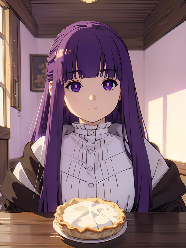 Fern 1girl,solo,long hair,table,pie,shirt, closed mouth,indoors,purple eyes,jacket,white shirt,purple hair,portrait,bright pupils