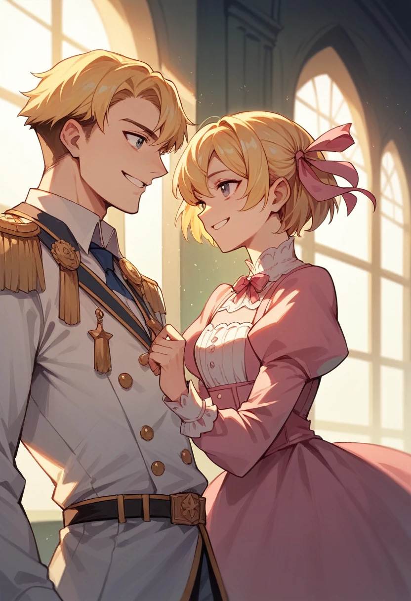 Blonde curly hair, long cold blue eyes, charter, ruffled blue uniform hanging from the red brooch on the collar, men, white trousers, knee-high boots to the thighs, aristocratic women on the side, retro cartoon style, Versailles Palace