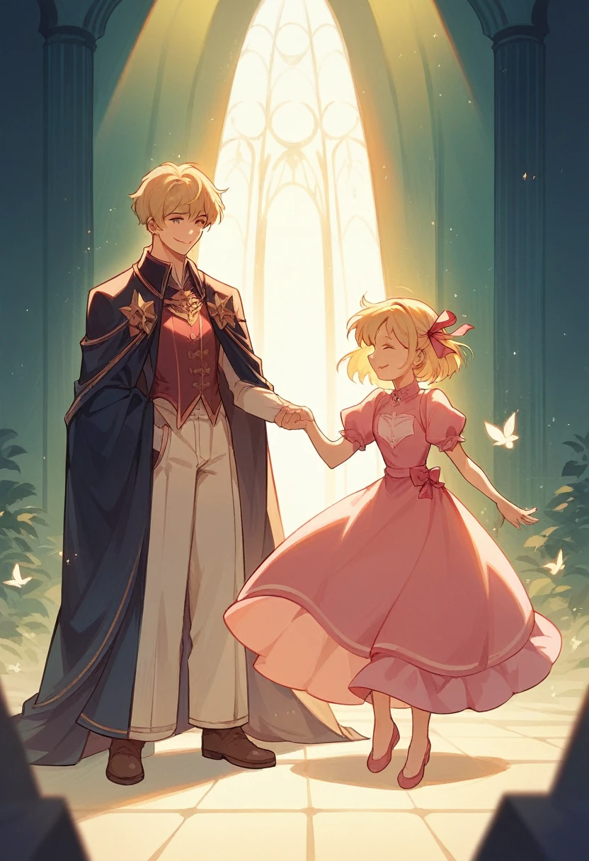Ultra detailed, Sharp Focus, Best quality, masterpiece, boy , blonde hair,short hair, pink dress, hair ribbon, puffy sleeves, smile, Best quality, dynamic lighting, masterpiece, complex parts