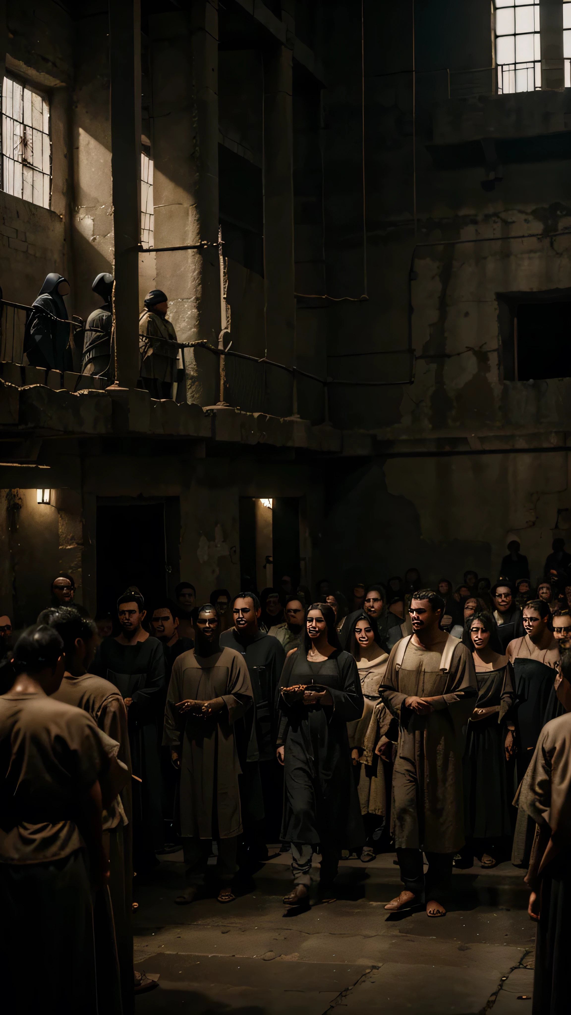 "A large, dark prison filled with numerous captives, both men and women, wearing simple, ancient garments. The atmosphere is oppressive and crowded."