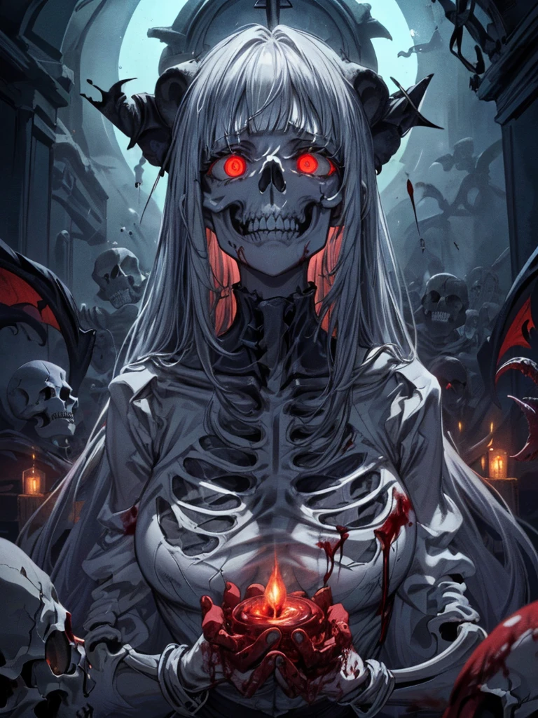 High resolution, masterpiece, high quality, Ghoul, torn skin, White, thin hair, dress, Attack, Looking Camera,Muddy, Night Theme Park, Midnight, Dark atmosphere,Spooky lighting,Multiple zombies,Bite,Open your mouth,fire