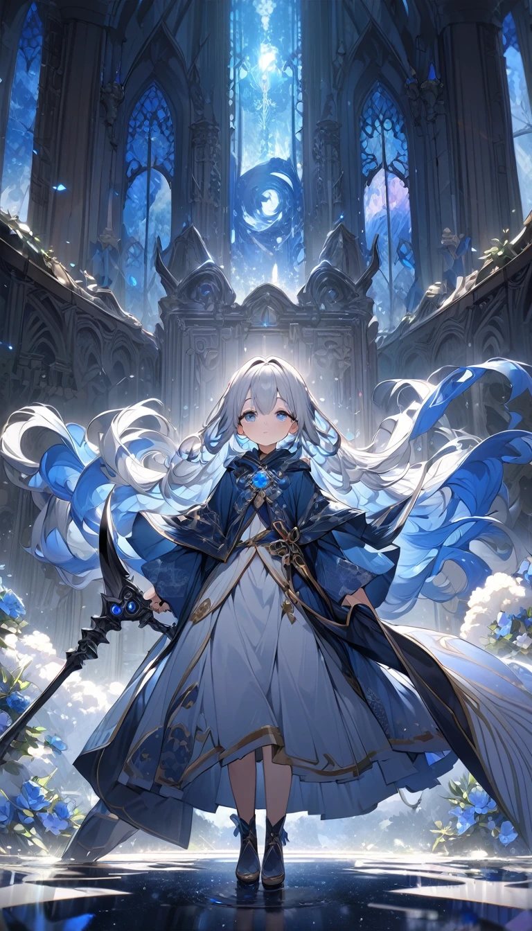 Highest quality,masterpiece,Detailed Details,Super detailed,colorful,The background is dark blue water,Transparency,Use HDR technology to create a sense of depth,beautiful,beautiful自然,Sacred atmosphere,8-year-old girl,Alone,Wearing starry wizard robes,Stand in the center of the screen,The whole body faces this way,Look diagonally forward to the left,holding a scythe,A scythe blade made from a blue gem,A scythe handle made from a black gem.,Holding a scythe ostentatiously,beautiful造形,Narrow eyes,mysterious,Long silver hair decorated with blue flowers,Fantasy atmosphere,beautiful虹色の蝶々is flying in the air,Magnificent worldview