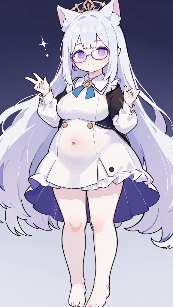 바닥에 누워 있는 big bust을 가진 애니메이션 소녀, , Tsk tsk, in a dress, fascinating anime girl, Smooth animated illustrations, ecchi anime style, , Shikamimi, She has a jiggly, fat, round belly, ecchi, Posing in Pudika pose, [ 4k digital art ]!!,(big bust:1.5), (Black eyes with a slight purple tint:1.5), (a devastated expression, dead eyes, dark atmosphere:1.5), (Very white and long hair with a bluish tint, weak perm:1.5), (short white skirt, blue-tinged suit:1.5), (bare foot, round-rimmed glasses:1.5), (Belly Fat, muffin top, plump:1.1), (smiling faintly:1.5),(human ear,thin legs:1.5),