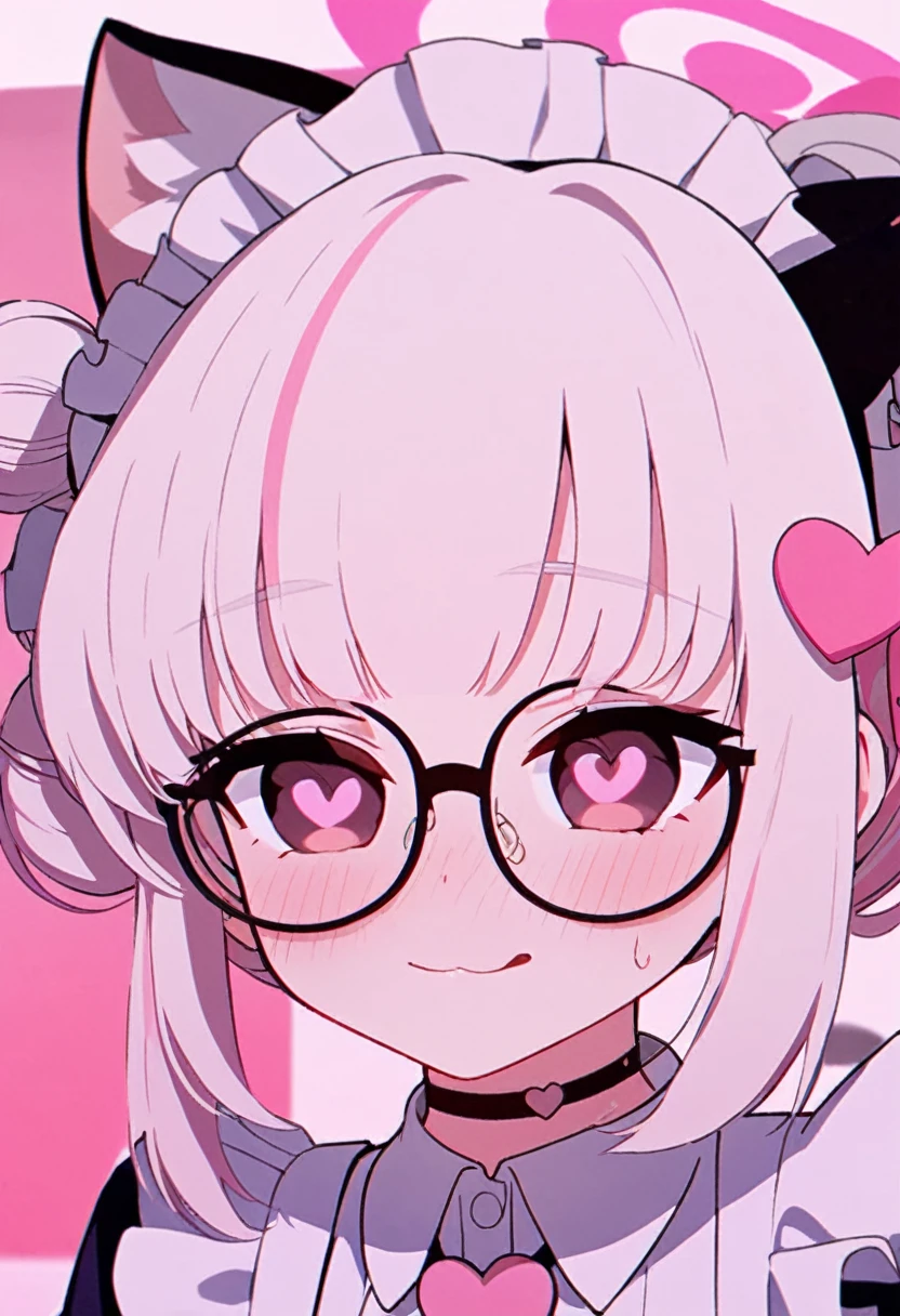 I have white pink hair, cat ears, a bun, my face is super blushing, black glasses, pink heart eyes, a maid's outfit, white stockings, white shoes, a cat's tail, a very shy girl sitting on a table. bed
