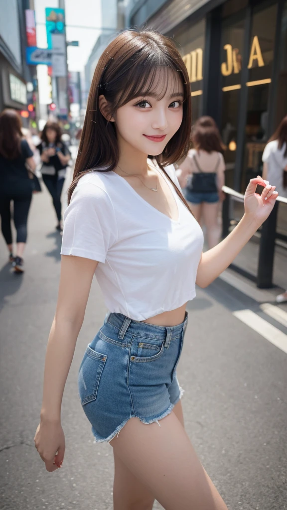 Highest quality, Very detailed, finely, High resolution, 8k wallpaper, Perfect dynamic composition, Beautiful and exquisite,ランダムなcute髪,,Natural color lip, Bold sexy pose,smile、20-year-old girl、cute、Looking into the camera,,Perfect and beautiful face,Slim face and figure,Beautiful thighs, Beautiful feet、Big eyes、Gal Makeup,Small face,Shooting from below、smile,Blurred Background,Elegant feminine face、Change pose randomly、Randomly change the shooting angle and position、smile、Top to bottom々Shoot from the right angle and direction、Sexy Face、Standing in the streets of Shinjuku、Denim shorts、White sneakers