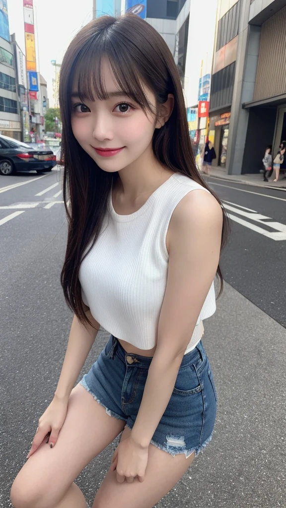 Highest quality, Very detailed, finely, High resolution, 8k wallpaper, Perfect dynamic composition, Beautiful and exquisite,ランダムなcute髪,,Natural color lip, Bold sexy pose,smile、20-year-old girl、cute、Looking into the camera,,Perfect and beautiful face,Slim face and figure,Beautiful thighs, Beautiful feet、Big eyes、Gal Makeup,Small face,Shooting from below、smile,Blurred Background,Elegant feminine face、Change pose randomly、Randomly change the shooting angle and position、smile、Top to bottom々Shoot from the right angle and direction、Sexy Face、Standing in the streets of Shinjuku、Denim shorts、White sneakers