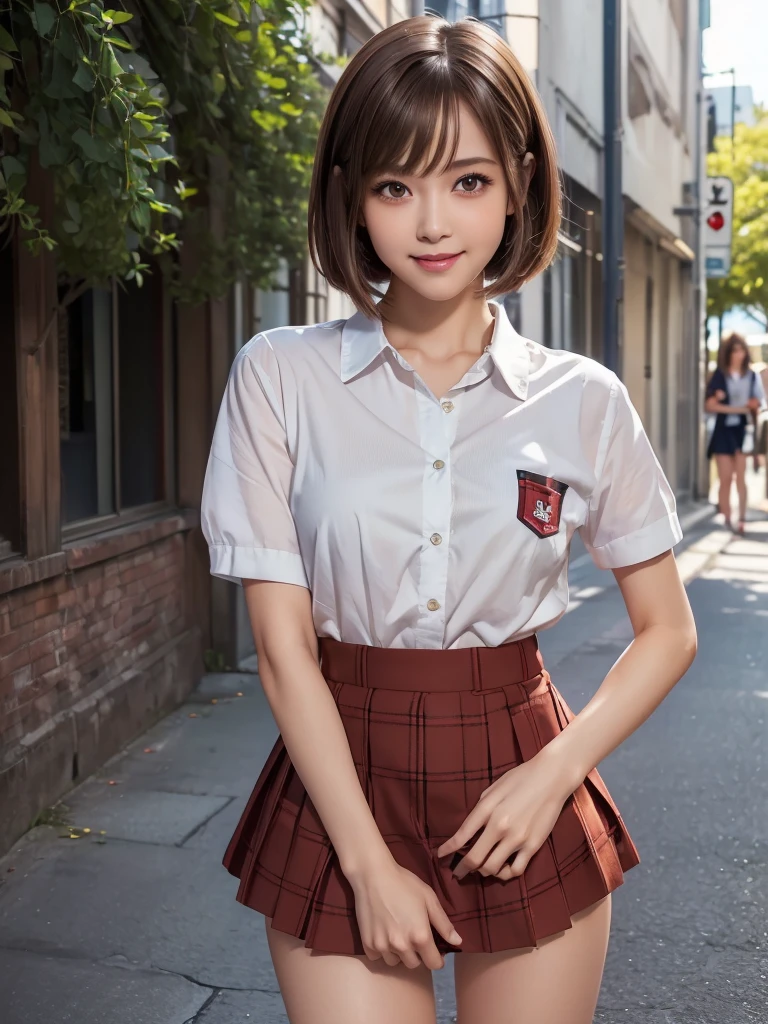 (8k, RAW Photos, Highest quality, masterpiece:1.2), (Realistic, photo-Realistic:1.4), (extremely detailed 8k wallpaper), ((Full Body Shot)), (((1 girl))), Sharp focus, Depth of written boundary, Cinematic lighting, Soft Light, (緻密な美しさのeye, eye_Chan, Very beautiful 17 year old girl, innocent big eyes, Realistic, photo Realistic, Highly detailed cute girl, (Thin thighs), (Model body type), (Brown Hair), (Short Bob Hair), (Asymmetrical bangs), ((A happy smile)), Glowing Skin, Ultra-dense skin ,High resolution, High Detail, Detailed hairstyle, Detailed facial beauty, hyper Realistic, Perfect limbs, Perfect Anatomy, Perfect female body, (school uniform:1.3),(Mini Skirt Red Checkered Micro Mini Skirt), Watching the audience, (Crowded city street:1.3)