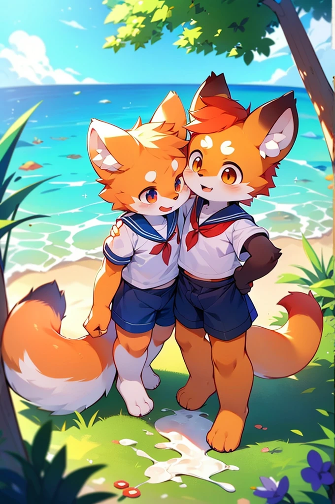 Red Panda Boy,8k resolution,Furry, Ocean,Sailor uniform,Red collar,Two legs,Stand on your feet! towering,lanky,lanky,penis,cum on tongue erect