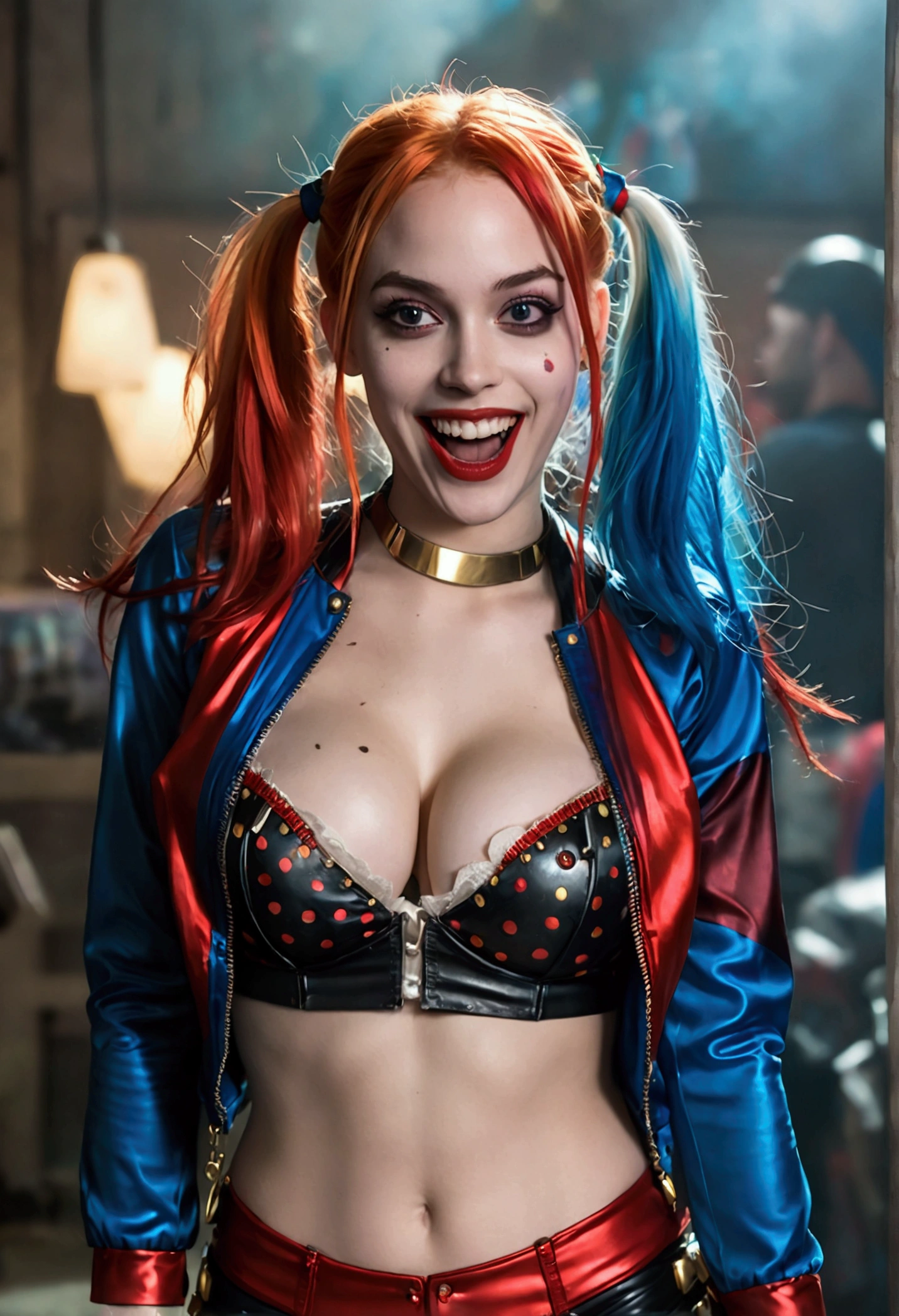 ultra realistic, photography, long red hair, girl, 24 years old, hourglass figure, perfect body, Flirty look, extremely detailed artgerm, in the style artgerm, small breasts, facing the camera, lens 35 mm, blur background, red and blue Harley Quinn costume (suicide squad movie), lively costume party as background, laughing