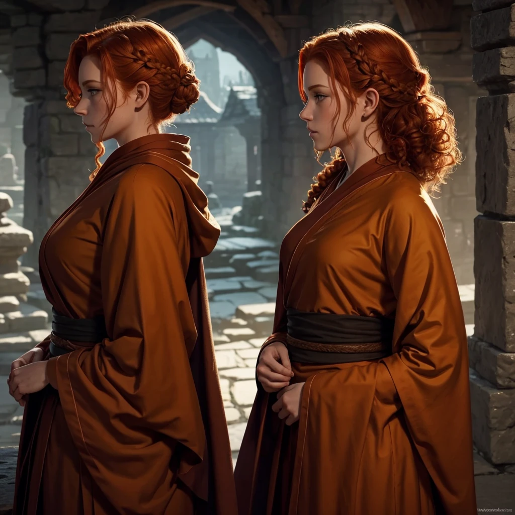 Curly ginger hair, pulled back, side profile, monk robes, female, beautiful, sad, medieval, DND, fantasy