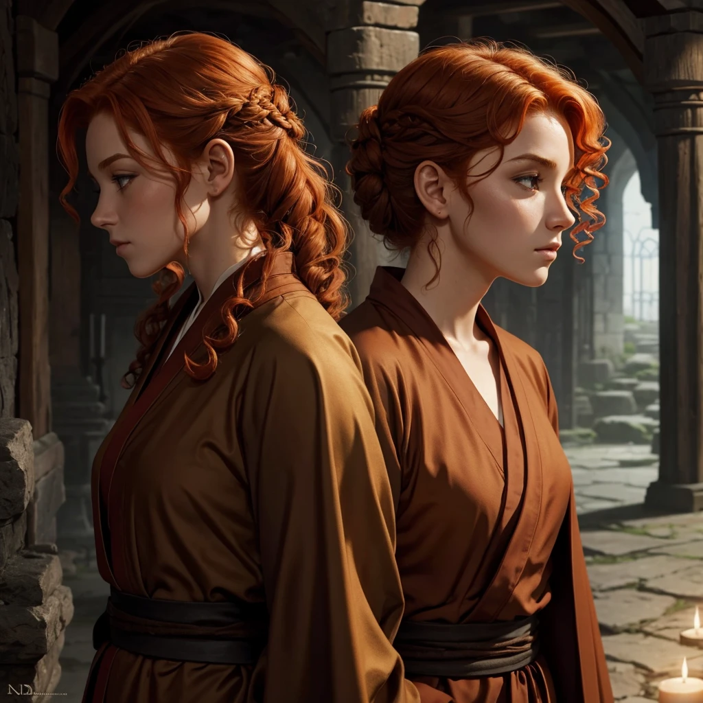 Curly ginger hair, pulled back, side profile, monk robes, female, beautiful, sad, medieval, DND, fantasy