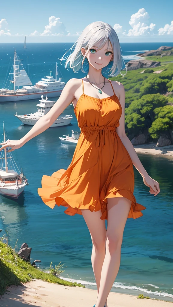 Slim beautiful woman, White skin, beautiful dress, bare legs, bare arms, Orange dress, blue hair, canello collects, standing, smiling, background an island in the distance and ships in the distance in elar, green eyes, silver necklace.