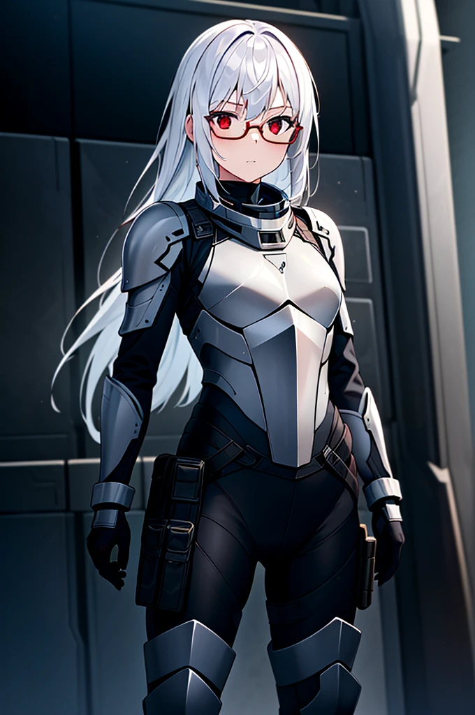 Masterpiece, solo, female, 1girl, 4k, standing, outdoor, white hair, white glasses, short, futuristic black soldier armor, cowboy shot's, Bokeh,red eyes, female soldier, bulletproof soldier armor, flat breast, flat chest, mature women, space soldier armor, guns holster