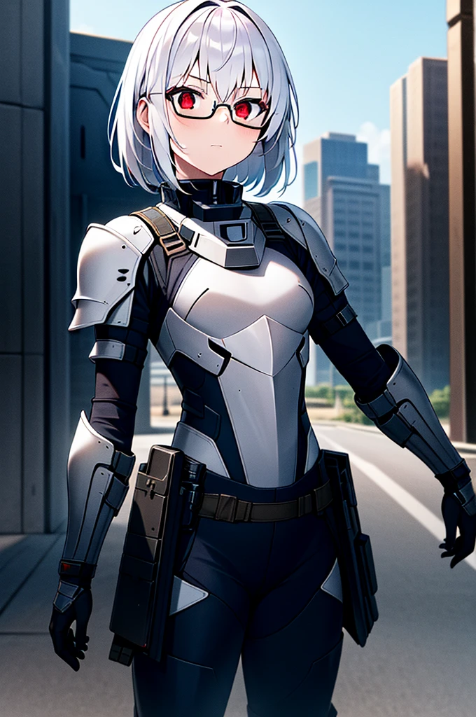 Masterpiece, solo, female, 1girl, 4k, standing, outdoor, white hair, white glasses, short, futuristic black soldier armor, cowboy shot's, Bokeh,red eyes, female soldier, bulletproof soldier armor, flat breast, flat chest, mature women, space soldier armor, guns holster 