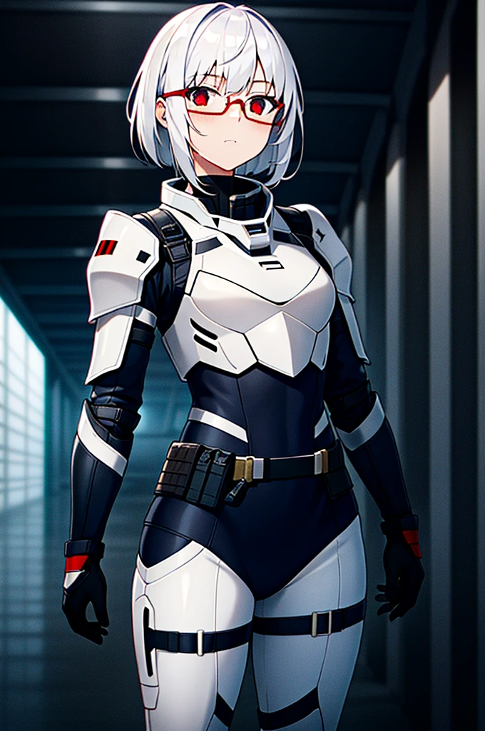 Masterpiece, solo, female, 1girl, 4k, standing, outdoor, white hair, white glasses, short, futuristic black soldier armor, cowboy shot's, Bokeh,red eyes, female soldier, bulletproof soldier armor, flat breast, flat chest, mature women, space soldier armor, guns holster