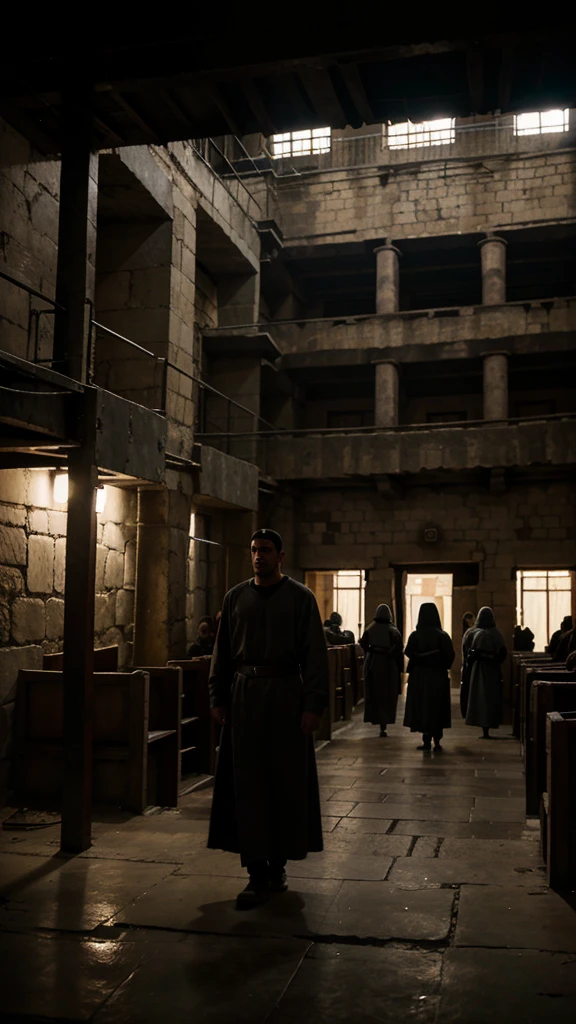 "A large, dark prison filled with numerous captives, both men and women, wearing simple, ancient garments. The atmosphere is oppressive and crowded."