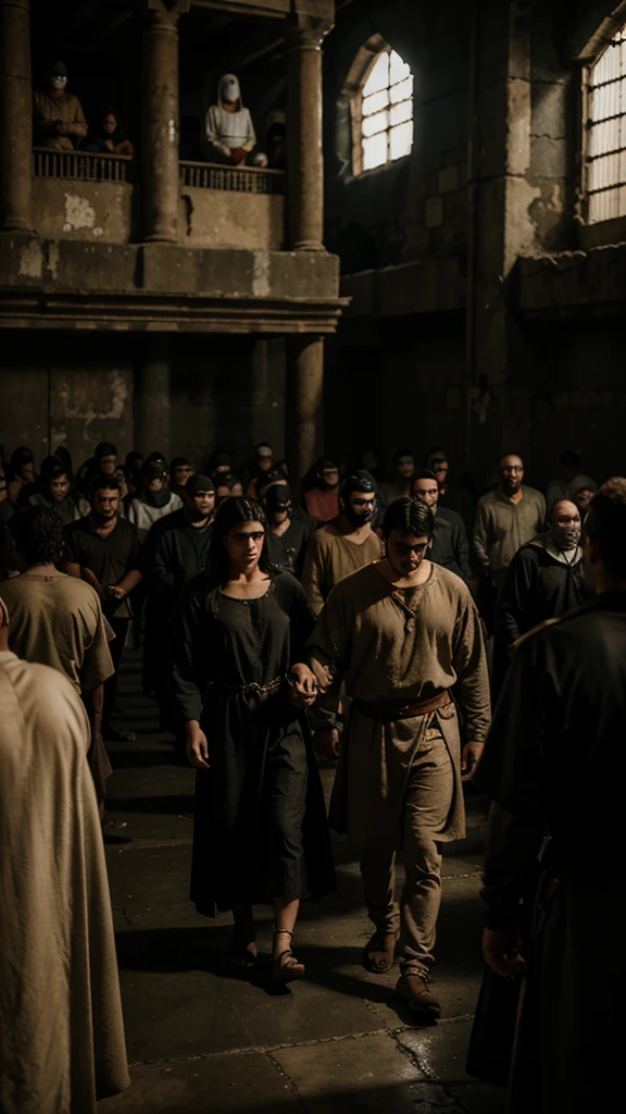 "A large, dark prison filled with numerous captives, both men and women, wearing simple, ancient garments. The atmosphere is oppressive and crowded."