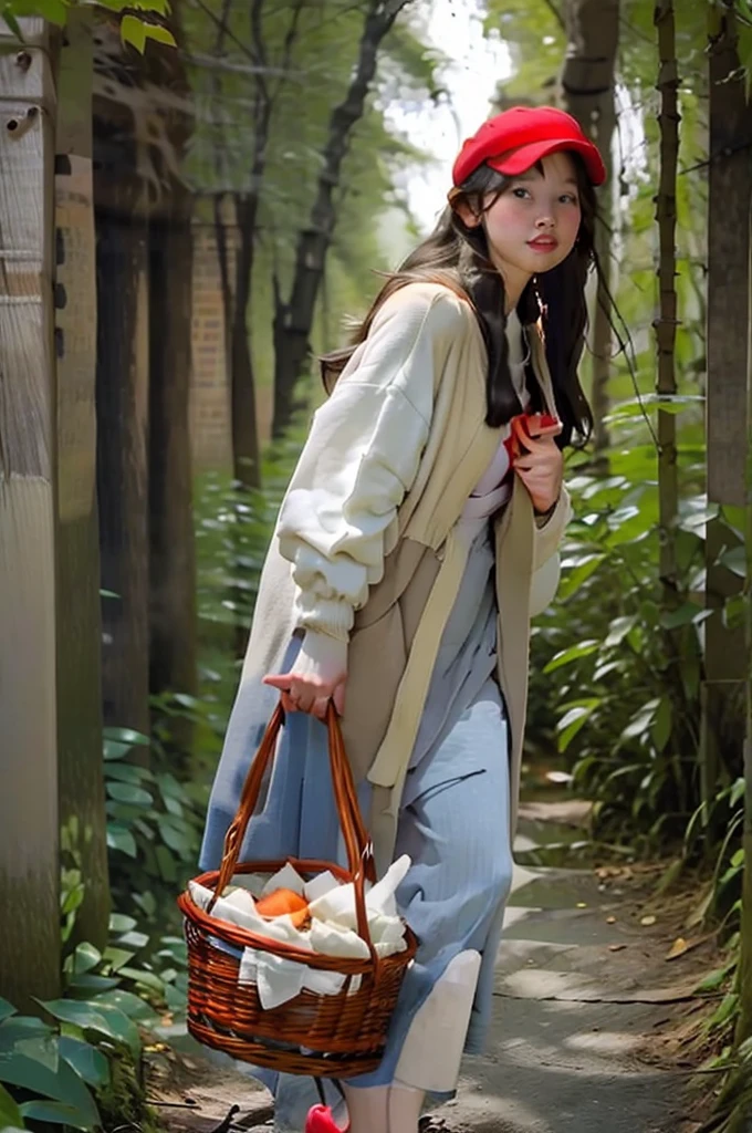 A girl in a red cap walks through the forest with a basket in her hand.
