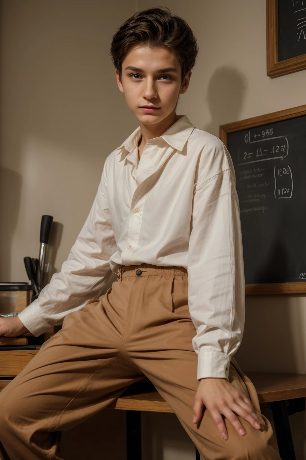 A young male twink, 22 years old, with a cute, angel-faced face with makeup and black hair, wearing a luxurious, long-sleeved, white shirt and brown medieval pants. Behind him is a blackboard with mathematical equations written on it. He looks proudly as he sits at a desk with medical tools on it, and he has an innocent face.