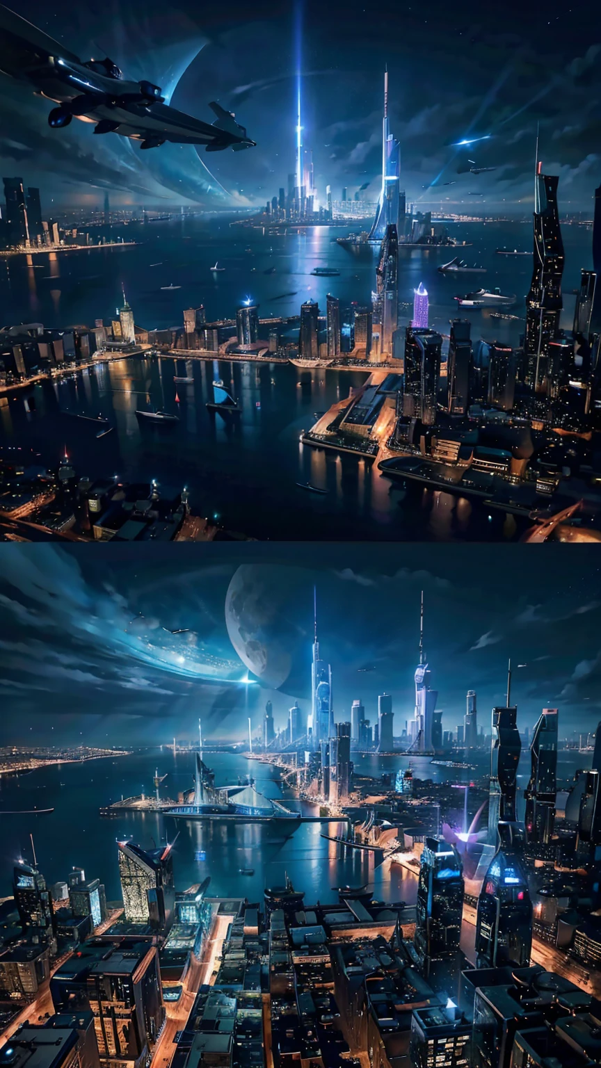 Night view from an airplane,city of the future:1.3,port,flying spaceship,skyscraper,masterpiece,top quality,ultra high resolution,(super detailed:1.2),8 K,photorealistic,best aesthetics,Beautiful