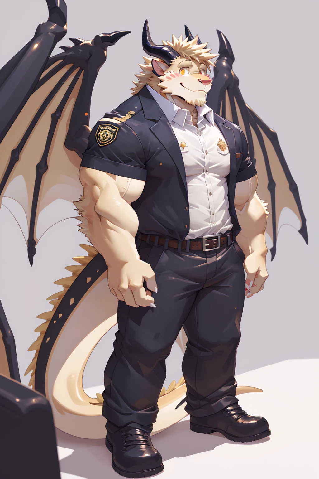 (sfw:1.5), male focus, security guard, Handsome 1boy, solitary，protrait photo, single, (White nails, White Paws:1.4), (Light blond hair:1.5), (Black and gold dragon wings, Huge black and gold dragon wings:1.3), Black and gold skin, (Black horn, Black curved corners:1.4), (Black body:1.3), (Pale blond chin, Pale golden neck:1.4), Pale golden chest, Light blond chest hair, (perfect golden eyes:1.4), (Black scales:1.3), (Black Hands, Black Hands臂, Black Hands指, Black head:1.4), 
Western Dragon, dragon, dragon boy, dragon body, feet, (big eyes, large eyes:1.4), (Chubby face, The body is huge, Larger face:1.3), 
(Black short sleeve, White short-sleeved shirt, Black pants, Black leather belt:1.4), 
(Mature men:1.4), (Strong body, muscle,Strong male:1.3), (Thick arms:1.3), (cute:1.2), (Looking at the audience, Focus, Eyes gaze:1.2), (Smile:1.4), 
full background, Simple background, Pure white background, (Q version avatar:1.4),
, Mysterious and romantic atmosphere, Caustic lines(refraction, polarization)Perfect anatomical structure, absurd, Detailed background, (Delicate eyes:1.3),Printing style。((artist:Takemoto Arashi))