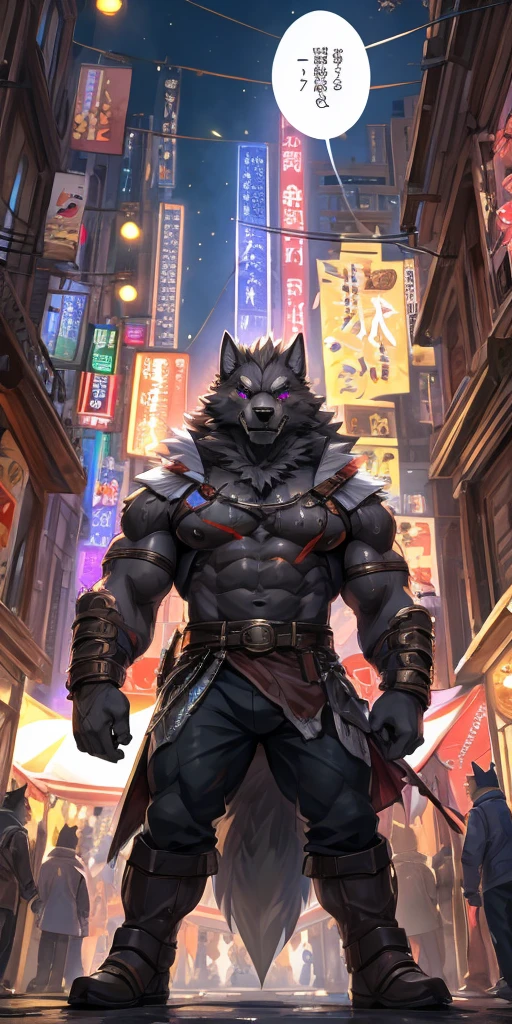 masterpiece,high quality,anime, Super detailed, Camera angle from below
, tear one apart&#39;along with the clothes of&#39;hand of
, 毛むくじゃらの雄の黒Wolf, Wolf, great physique,Powerful Weapons, manly
, Dharma
, ((Excessive sweating))
, fine grain, (Super detailed eyes:1.4), Purple Eyes 
, (Speech bubble:1.1)

, festival, firework, null-ghostより,Pino Daeni, Street lights