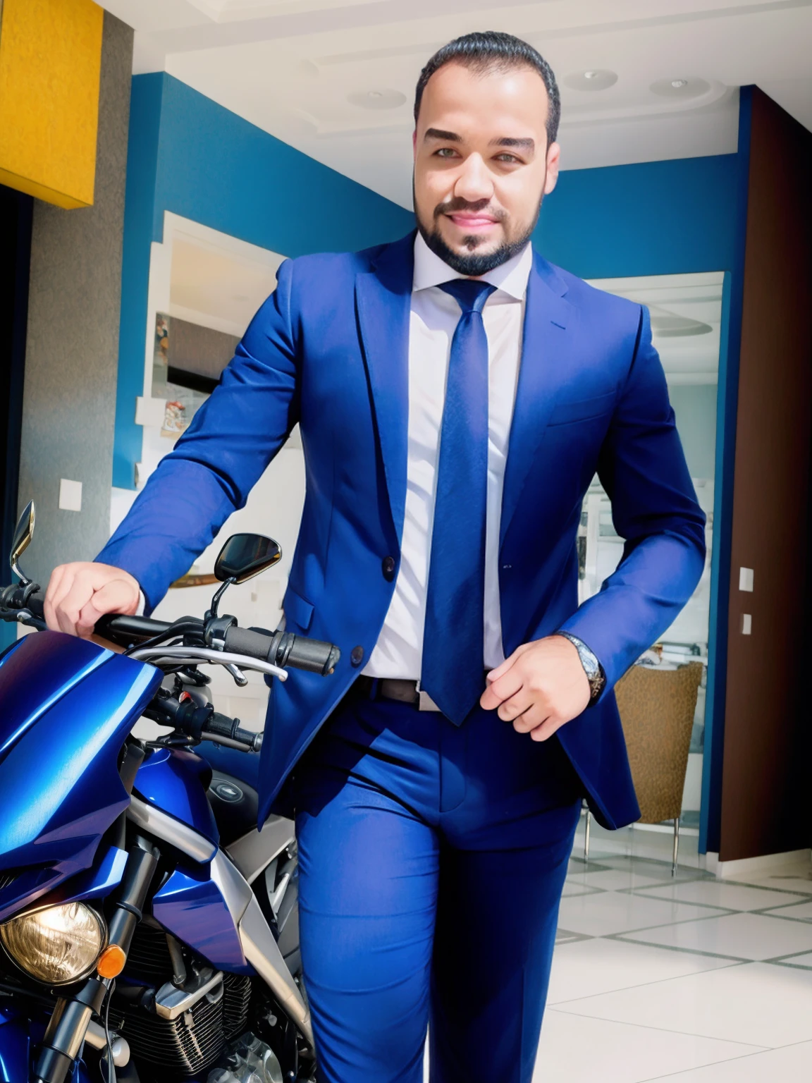 Ari is standing in front of a high-end, custom-built motorcycle, revving the engine with a devilish grin.,Entourage,Ari Gold, the fictional talent agent from “Entourage,” is known for his sharp, polished appearance, often seen in designer suits that complement his fast-paced, high-powered lifestyle in Hollywood. He has a confident, assertive demeanor, characterized by his brisk walk and intense, focused expressions.