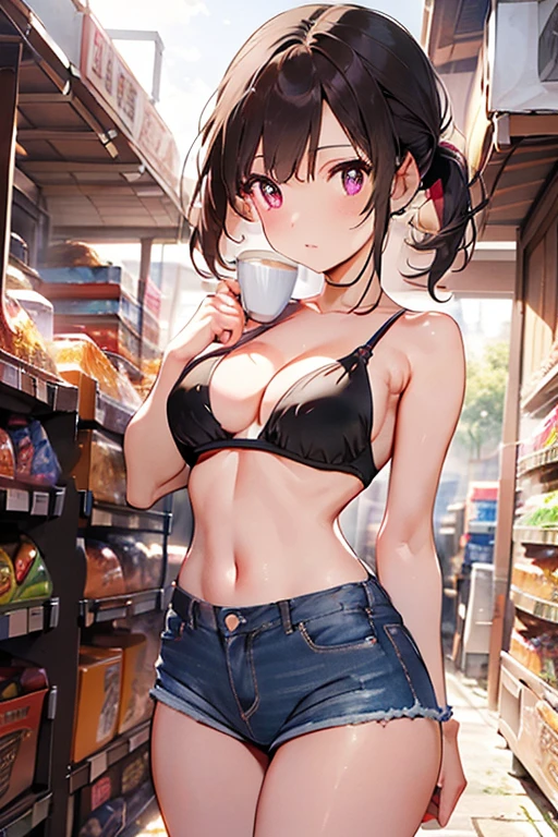 (masterpiece, Best Quality, ultra-detailed, high resolution, extremely detailed CG, official art, Professional Lighting, Perfect Anatomy, anime colors), (from below), looking at viewer, cowboy shot, perfect body, 24yo beautiful 1girl, medium hips, glamorous body,a small face,beautiful-makeup,Makeup light,Shortcut Hair,dark brown hair、Bust b Cup, Amazing Cleavage, thin waist, big ass, Raised sexy, big breast: 1.2 posed cleavage:1.2, (off shoulders,Sportsbra,legginullnude), micro denim shorts, bare legs, nail_polish, pale skin, Waiting friend, (morning:1.5), tokyo, (convenience store:1.3), outdoor, (depth of field:1.3), contrapposto, (Hold a coffee in your hand:1.3),delicate beautiful face, Bright magenta eyes, cute eyes, sparkling eyes, Big eyes, (big breasts:1.3), (perky chest:1.1), (pointed chest:1.3), looking at viewer, 