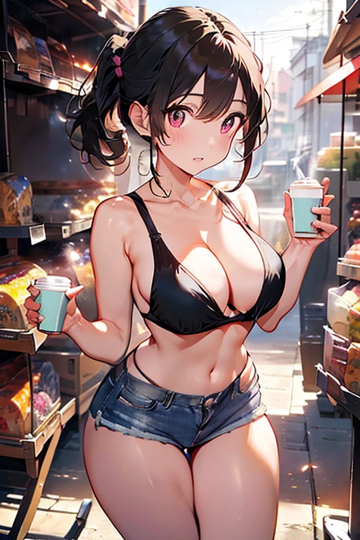 (masterpiece, Best Quality, ultra-detailed, high resolution, extremely detailed CG, official art, Professional Lighting, Perfect Anatomy, anime colors), (from below), looking at viewer, cowboy shot, perfect body, 24yo beautiful 1girl, medium hips, glamorous body,a small face,beautiful-makeup,Makeup light,Shortcut Hair,dark brown hair、Bust b Cup, Amazing Cleavage, thin waist, big ass, Raised sexy, big breast: 1.2 posed cleavage:1.2, (off shoulders,Sportsbra,legginullnude), micro denim shorts, bare legs, nail_polish, pale skin, Waiting friend, (morning:1.5), tokyo, (convenience store:1.3), outdoor, (depth of field:1.3), contrapposto, (Hold a coffee in your hand:1.3),delicate beautiful face, Bright magenta eyes, cute eyes, sparkling eyes, Big eyes, (big breasts:1.3), (perky chest:1.1), (pointed chest:1.3), looking at viewer, 