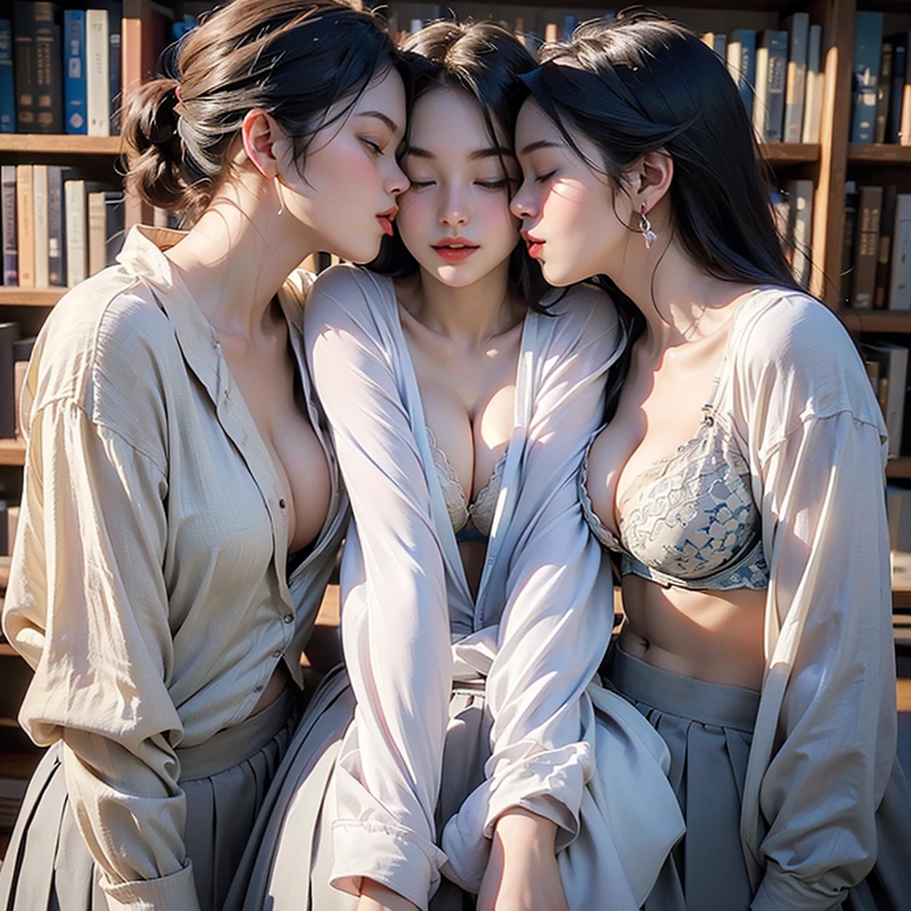 (masterpiece:1.5), (((最high quality, 最high quality, high quality))), ((Exquisitely crafted, Very detailed, Very detailed)), High resolution, 32K, Very detailedUnity CG 8K壁紙, (beautifully、aesthetic:1.2), (((Award-winning))), Professional Illustration, Official Art, large size image, fine intricate details, Perfect balance, Landscape, Panorama, Sharp focus, Extreme sharpness, Perfect clarity, (close), Dutch Angle, ((Soft indirect lighting, Vibrant colors)), Dynamic pose, Look straight, (Relaxed posture:1.4), (Upper Body:1.4), (Two Girls:1.5), (lily, Multiple Girls:1.5), (kiss:1.8), Beautiful gorgeous face, [:(Detailed face:1.2):0.2], Pure Eros Face_v1, Red lips, Fuller lips, (close your eyes:1.5), Perfect feminine body, Bright and glowing skin, Realistic Skin, Skin pores, (((straight belly, Detailed navel, between legs:1.3))) , Tight waist, (Alongside:1.5), (Large Breasts:1.5), (Pleated mini skirt:1.4), (Seraphim:1.5), (Long sleeve:1.4), (Detachable collar:1.4, bow tie), (((Crotch seam, Loose front seams))), (((same))) Earrings, (Standing in a dark corner of the library:1.5),
((((((((Emphasize cleavage))))))))
((((Bra is visible))))