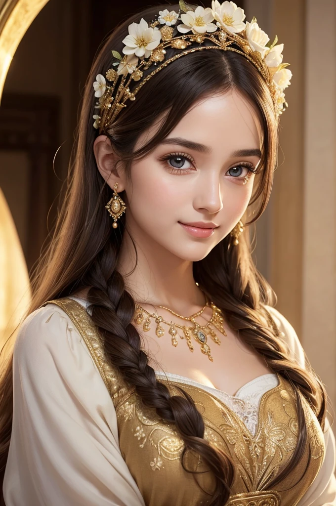 Absurd, ultra-detailed, high quality, masterpiece, detailed face, beautiful eyes(detailed eyes), Greek mythology Goddess, Hestia, goddess of the hearth and home, gentle and graceful, face exudes warmth and kindness, eyes described as soft and comforting, hold a gentle and steady gaze, Golden hair color, falls in gentle waves, hair adorned with floral accents, the overall appearance and modest, The fabric of her garments usually depicted as soft and earth-toned, beauty lies not in extravagant adornments, Her smile serene and welcoming