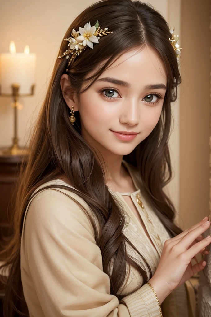 Absurd, ultra-detailed, high quality, masterpiece, detailed face, beautiful eyes(detailed eyes), Greek mythology Goddess, Hestia, goddess of the hearth and home, gentle and graceful, face exudes warmth and kindness, eyes described as soft and comforting, hold a gentle and steady gaze, Golden hair color, falls in gentle waves, hair adorned with floral accents, the overall appearance and modest, The fabric of her garments usually depicted as soft and earth-toned, beauty lies not in extravagant adornments, Her smile serene and welcoming