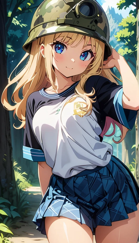 (anime artwork, anime style, studio anime, very detailed, up to date, vibrant, Anime Coloring, high contrast, masterpiece:1.2, best quality, best aesthetics),camouflage clothing,camouflage helmet, pleated skirt, Medium chest, A glimpse of thighs,random hair, One eye is hidden by the bangs, perfect proportions, high detail skin, Cute, detailed faces, random sexy pose,forest, precise fingers,panty shot