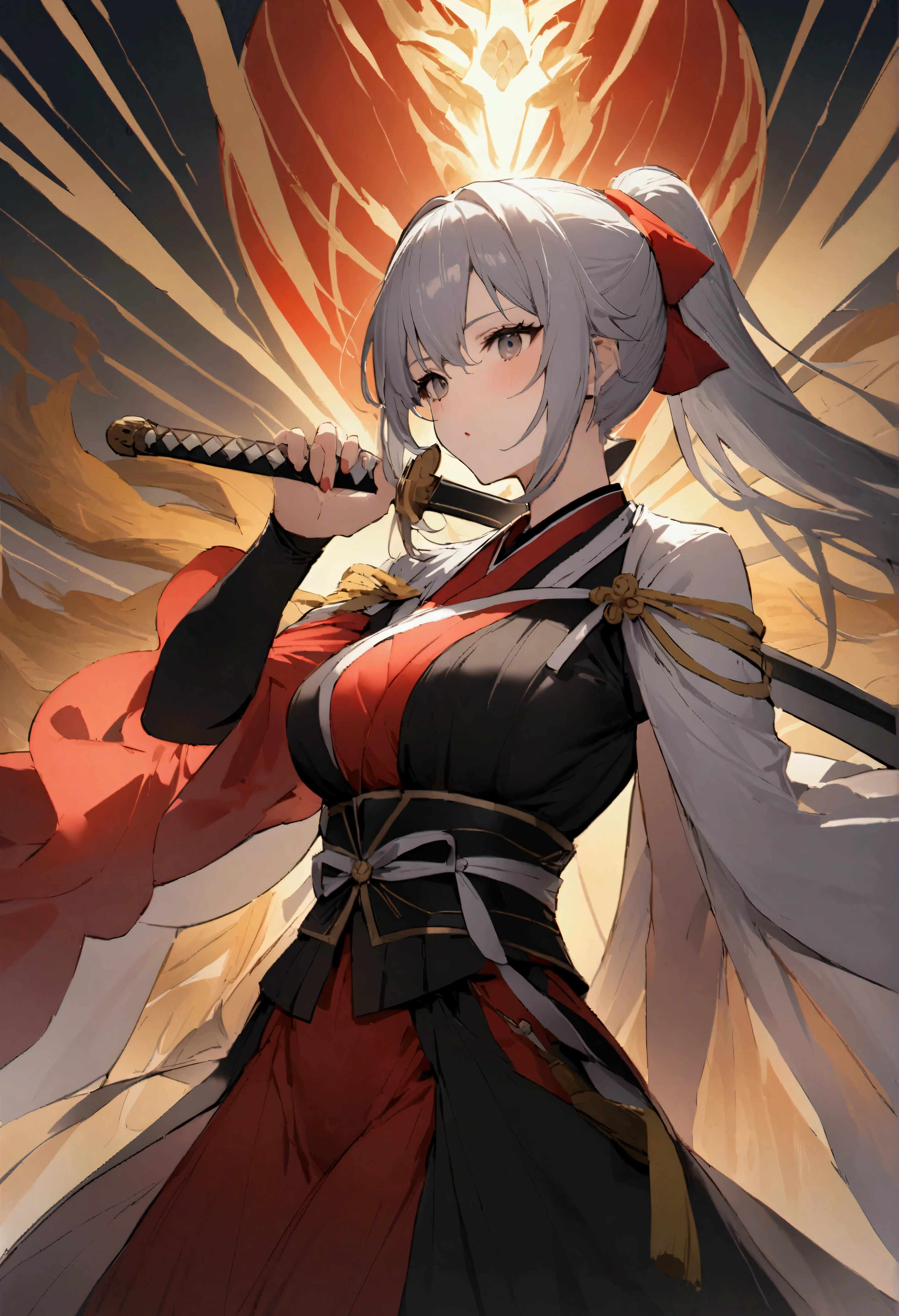 Highest quality、Masterpiece、Super detailed、4K、8k、The Battle of Shimousa、Musashi Miyamoto（Fate/large/Order）、solo、1 person、Six Paths and Five Wheels, Jili Jia Luo Celestial Phenomenon、The essence of the Olympics、Let me show you！」、「South none、Tenman Daijizai Tenjin。The benevolent king Jiali Jialuo Xiao Tianchong！Let&#39;s go、Unsheathing the Sword！Ishana Great Celestial Phenomenon！！」、Great Swordsman、Two days of first class、Gray Hair、Folded ponytail、「Vivid Tengen Flowers　The Sword、Reaching the heights of the sky。」Blue and red kimono、