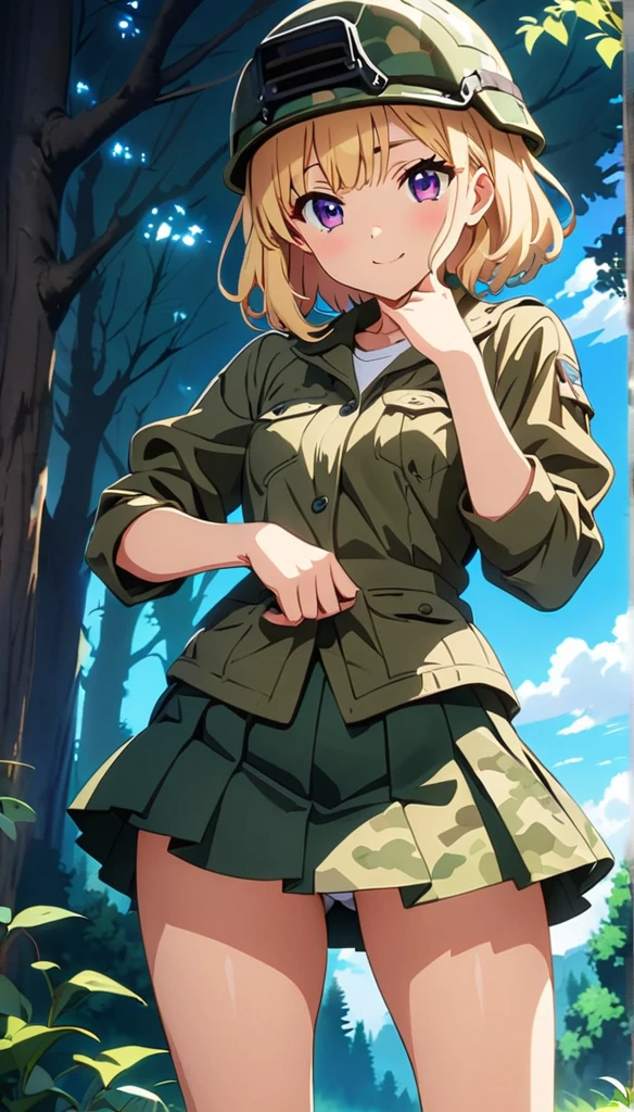 (anime artwork, anime style, studio anime, very detailed, up to date, vibrant, Anime Coloring, high contrast, masterpiece:1.2, best quality, best aesthetics),camouflage clothing,camouflage helmet, pleated skirt, Medium chest, A glimpse of thighs,random hair, One eye is hidden by the bangs, perfect proportions, high detail skin, Cute, detailed faces, random sexy pose,forest, precise fingers,panty shot