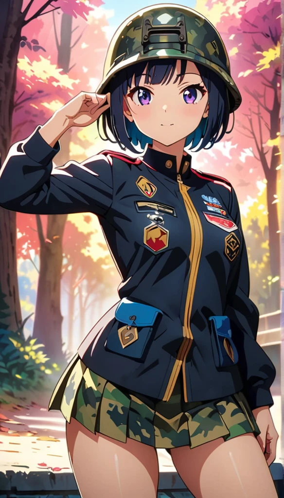 (anime artwork, anime style, studio anime, very detailed, up to date, vibrant, Anime Coloring, high contrast, masterpiece:1.2, best quality, best aesthetics),camouflage clothing,camouflage helmet, pleated skirt, Medium chest, A glimpse of thighs,random hair, One eye is hidden by the bangs, perfect proportions, high detail skin, Cute, detailed faces, random sexy pose,forest, precise fingers,panty shot