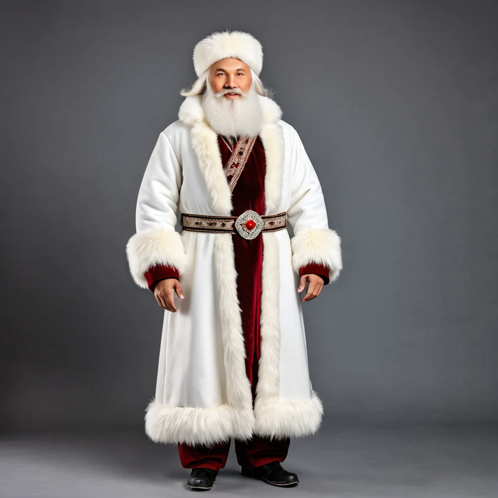 Bashkir national winter costume, an old man moroz, full body shot, many white fur
