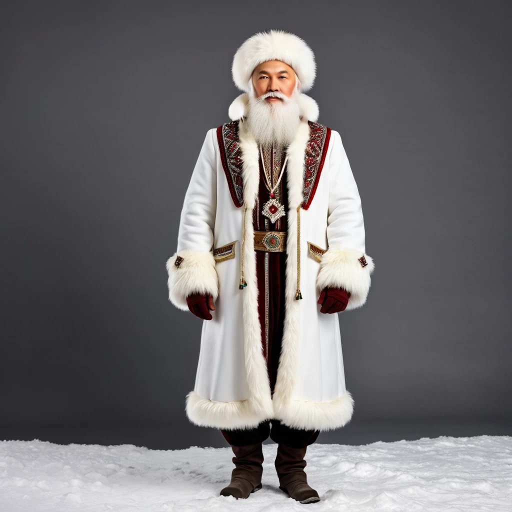 Bashkir national winter costume, an old man moroz, full body shot, many white fur