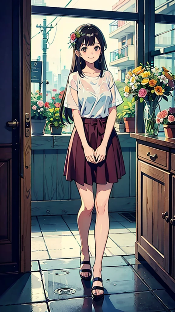 Highest quality、Ultra-high resolution、Full Body Lesbian、Are you okay,Outside the glass bottle, In the heavy rain,Girl working at a flower shop、Various potted plants、Lots of flowers,Wear a loose boyfriend-style T-shirt,Long Hair,A bouquet is made、Florist Background, Cute happy smile