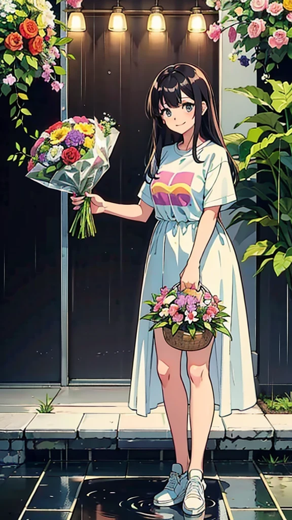 Highest quality、Ultra-high resolution、Full Body Lesbian、Are you okay,Outside the glass bottle, In the heavy rain,Girl working at a flower shop、Various potted plants、Lots of flowers,Wear a loose boyfriend-style T-shirt,Long Hair,A bouquet is made、Florist Background, Cute happy smile