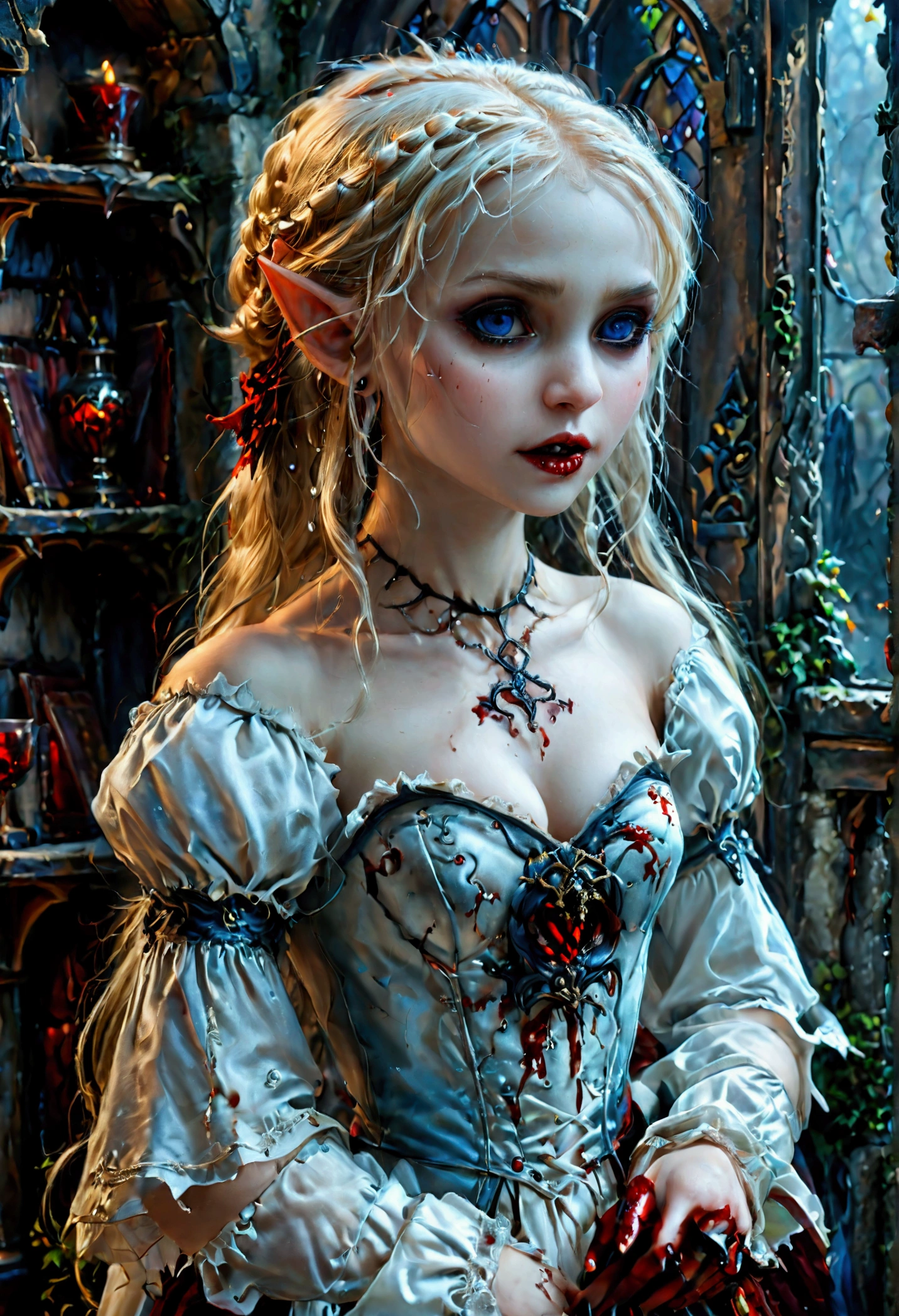 arafed a picture of elf vampire in her castle. an exquisite beautiful female elf vampire (ultra details, Masterpiece, best quality), bloody mouth blond hair, pale skin, hair in a ponytail, long hair, blue eyes, small pointed ears, cold eyes, smirking, wearing white dress (ultra details, Masterpiece, best quality), red cloak, in dark fantasy library, book shelves, arafed high details, best quality, 16k, [ultra detailed], masterpiece, best quality, (ultra detailed), full body, ultra wide shot, photorealism, RAW, dark fantasy art, gothic art, ArmoredDress, Dark Novel, Dark Art Painting Style, dripping blood, goth person