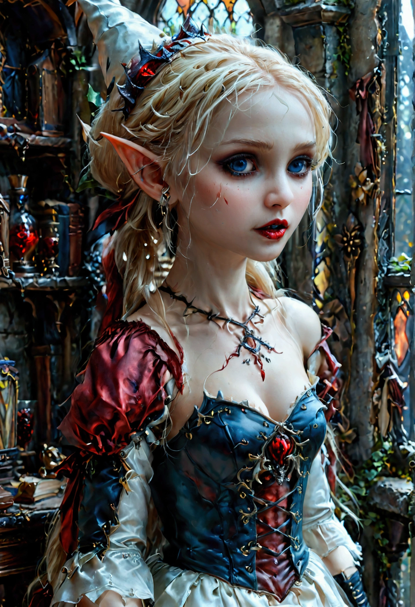 arafed a picture of elf vampire in her castle. an exquisite beautiful female elf vampire (ultra details, Masterpiece, best quality), bloody mouth blond hair, pale skin, hair in a ponytail, long hair, blue eyes, small pointed ears, cold eyes, smirking, wearing white dress (ultra details, Masterpiece, best quality), red cloak, in dark fantasy library, book shelves, arafed high details, best quality, 16k, [ultra detailed], masterpiece, best quality, (ultra detailed), full body, ultra wide shot, photorealism, RAW, dark fantasy art, gothic art, ArmoredDress, Dark Novel, Dark Art Painting Style, dripping blood, goth person