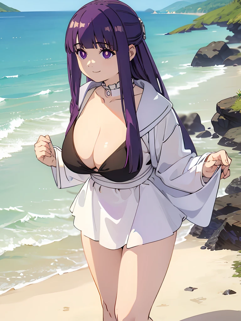 masterpiece, best quality, absurdres, 1girl, solo, FernFrieren, purple pupils, long hair, half updo, bikini, cleavage, standing, leaning forward, smile, outdoors, beach scene, 