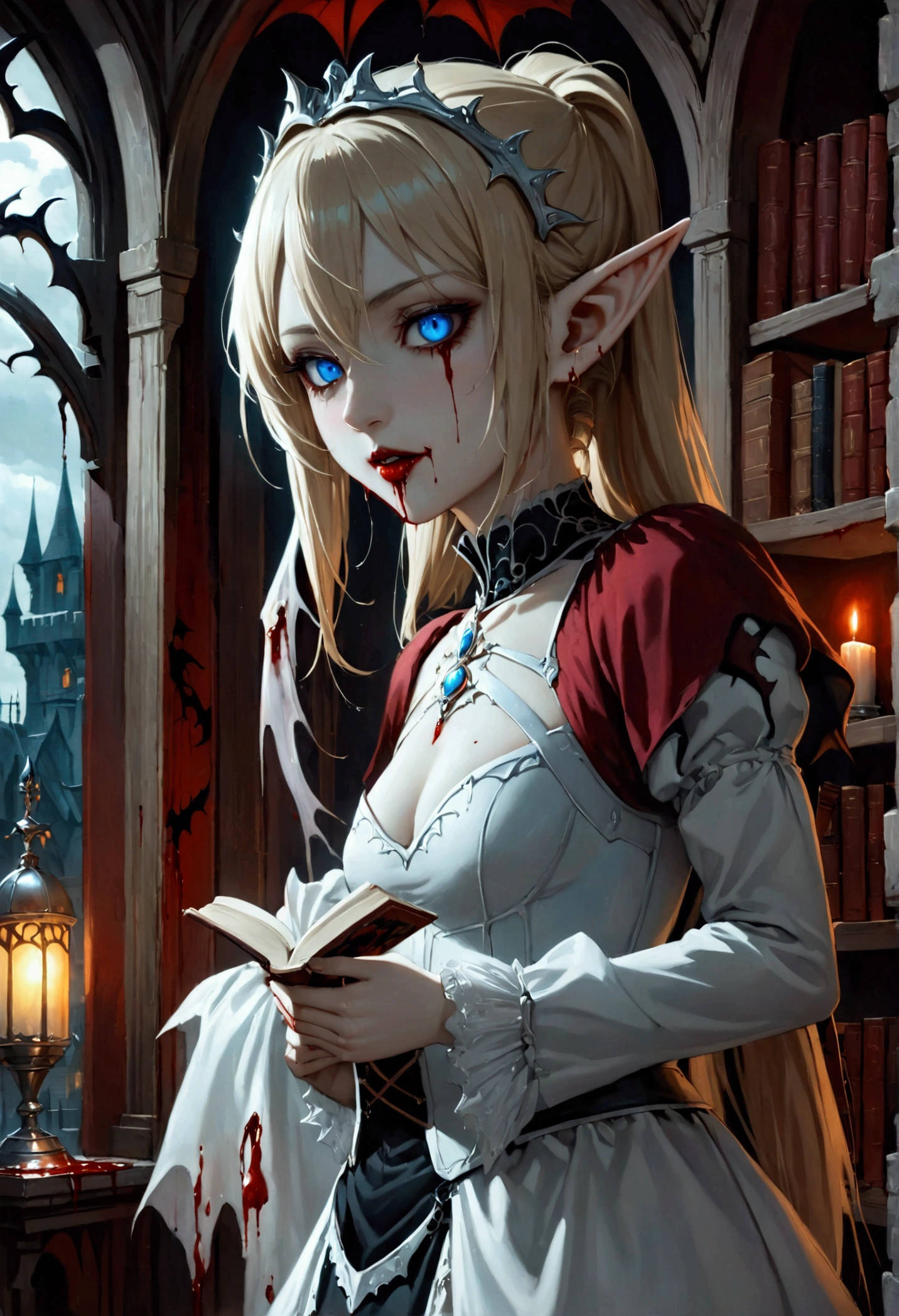 (Hyper detailed) (high resolution), (dark scene), (Beautiful girl doing ritual) medium breast, curvy, (((1 girl))) (((black hood)))), tattoos, candles, pentagram, bright red, books, intense dark shadows, purple car tail, vibrant and contrasting colors, light green hair, absurdly long hair, crystalline blue eyes, dilated pupil, blush, decorations, large black and white wings, floating feathers, ((bright tattoos)), ((bright tattoos)), fantasy, mystery, enchanted, black magic, intricate details, trend in artstation, top rated on Pixiv, debut, (64k), in a cathedral, gradient hair, backpack, motion blur, red light and floor clouds, Trending at artstation headquarters, 4K, UHD, high quality.
