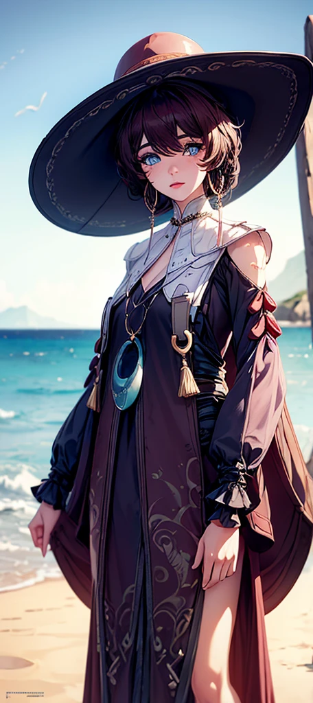 a girl wearing a big hat, standing in a serene ocean landscape, beautiful detailed eyes, beautiful detailed lips, extremely detailed eyes and face, long eyelashes, photorealistic, highly detailed, dramatic lighting, vibrant colors, dynamic composition, cinematic style