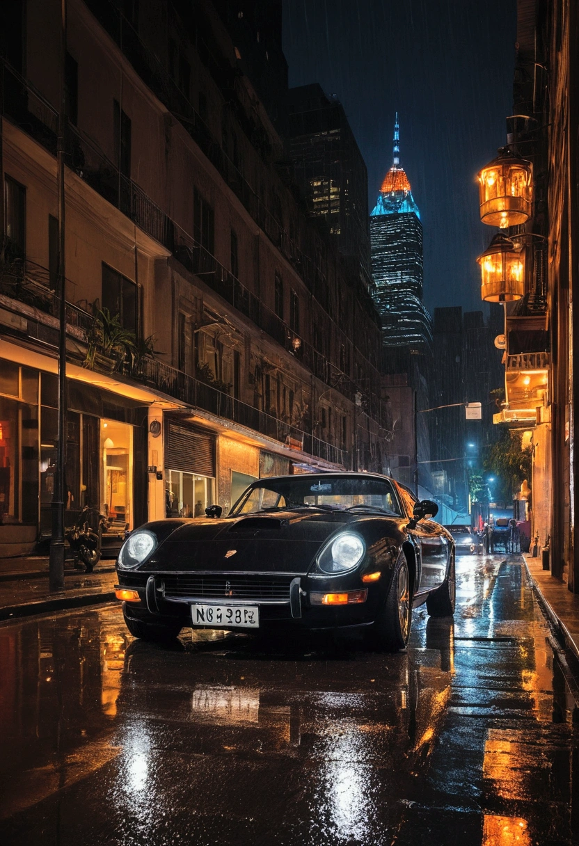 The city is alive with neon lights, casting vibrant reflections on the rain-slicked pavement. The hum of distant traffic and the occasional murmur of late-night revelers fill the air. 

In the middle of this urban jungle, a sleek, black sports car stands alone, parked under a flickering streetlamp. The car's polished surface gleams, its curves accentuated by the play of light and shadow. 
