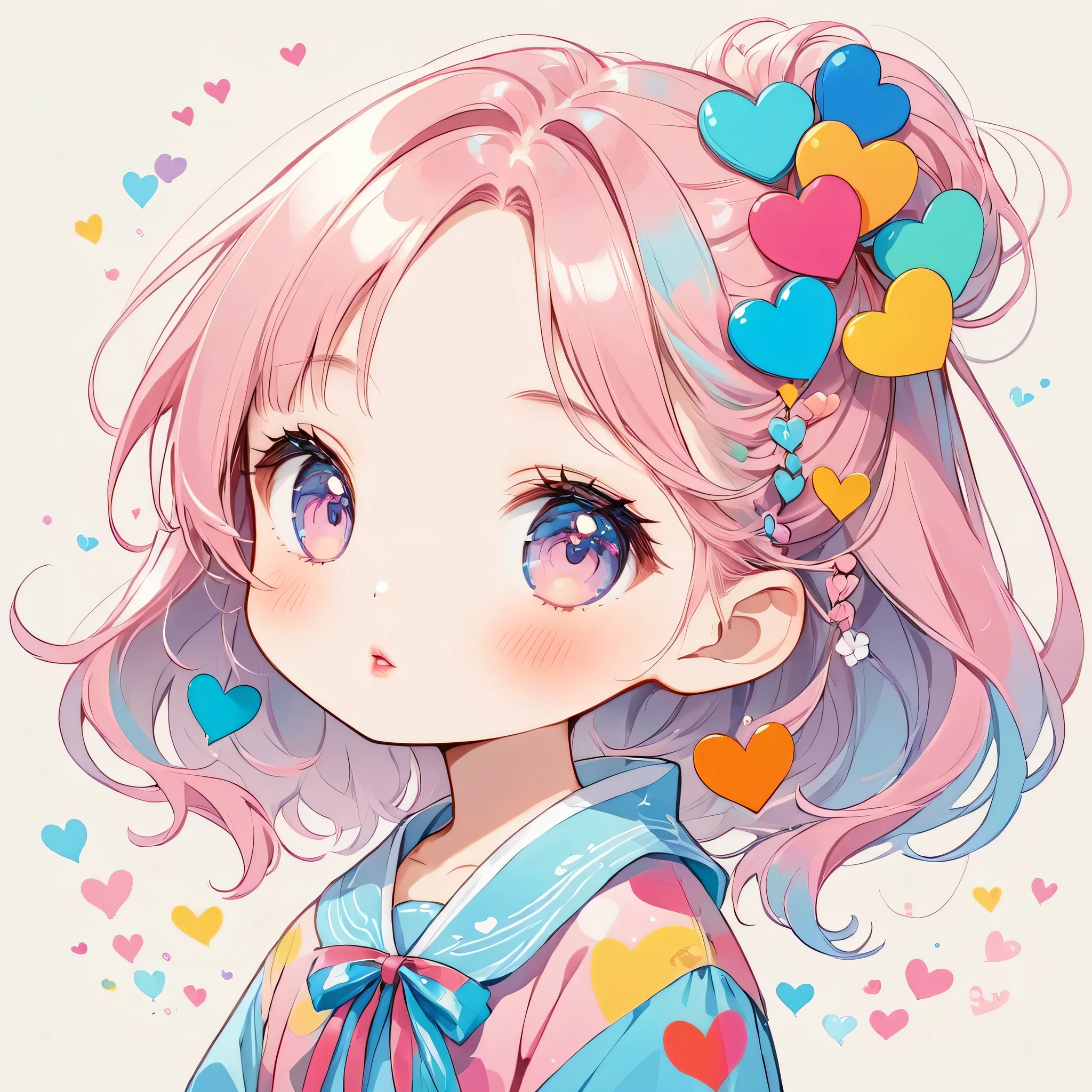 Hayao Miyazaki pastel color style, Simple Line Initialism,Abstract art,Urban Background, (((The most beautiful girl of all time))), chibi, Sweet face. Lips in love, colorful hearts, kawaii design