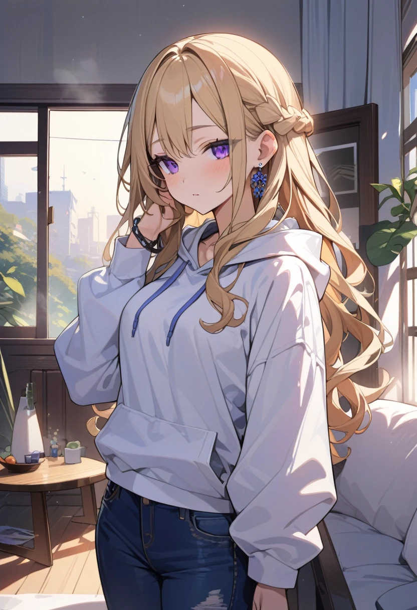 masterpiece, best quality, extremely detailed, ultra detailed, flat anime, 2D,
1girl, (young adult:1.2),blonde hair, (semi-long hair:1.2), curly hair, french braid, medium breasts, purple eyes, tsurime, height 1.7meters,
white hooded sweatshirt, jeans, earring,bracelet, long sleeves,socks,
Chin in hand.,jitome,very interesting,
upper body, portrait,
summer, livingroom, 12AM., standing